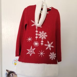 Max Studio sz 5/6 girl Red snowflake Christmas dress W/Faux fur Headband& Tights